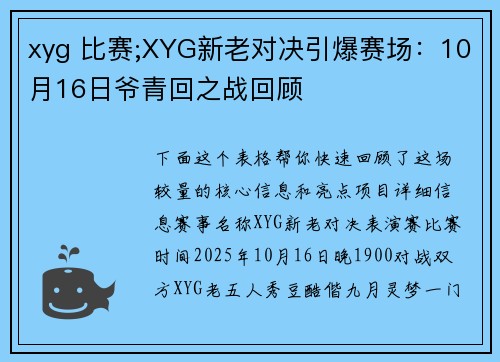 xyg 比赛;XYG新老对决引爆赛场：10月16日爷青回之战回顾